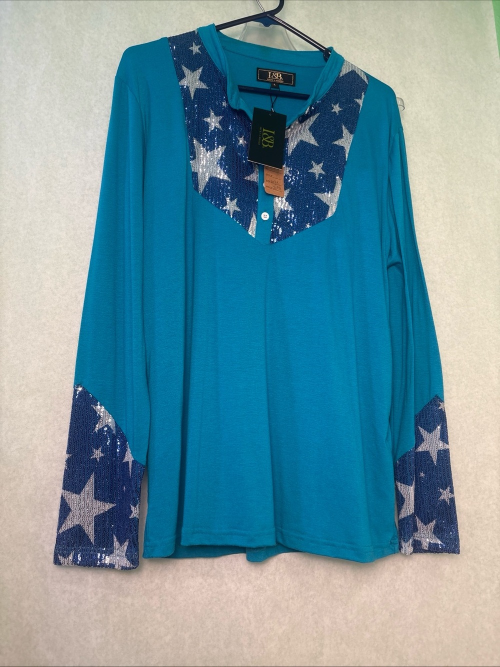 L&B Teal Crew Neck Top with Gold Logo Label Patriotic size L sequins western